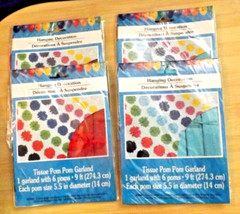 4 UNOPENED PACKS ONE 9 FT GARLAND WITH 6 TISSUE POM POMS IN EACH PACK RED & BLUE