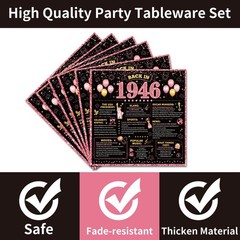96Pcs 80th Birthday Decorations Women Tableware Set Rose Gold Back in 1946 Pa…