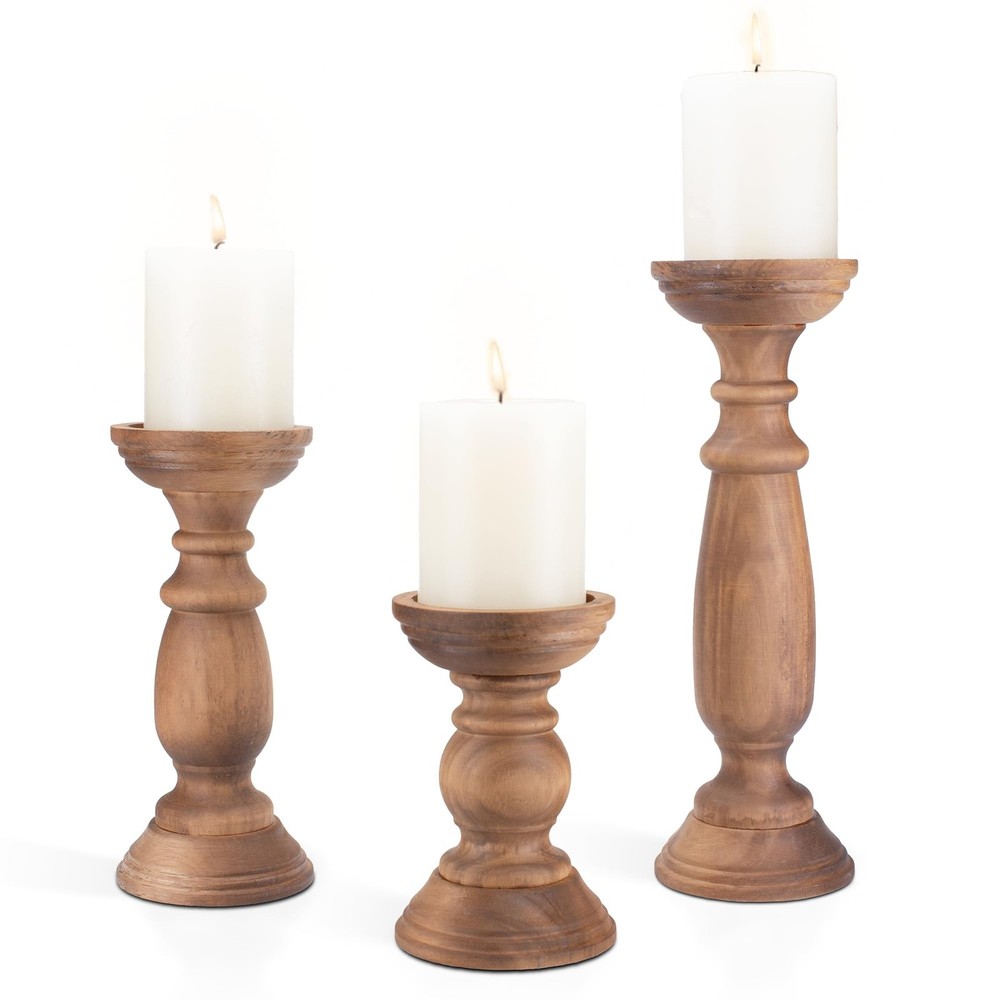 Rustic Wooden Pillar Candle Holders Set of 3, 12” 9” 6” Farmhouse Wood Can…