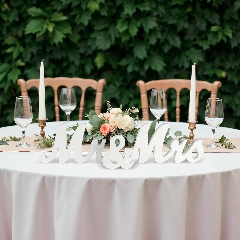 Large White Wooden Mr & Mrs Sign with Just Married Banner White Sweetheart Table