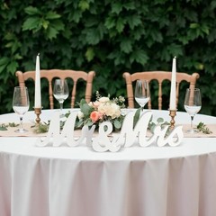 Large White Wooden Mr & Mrs Sign with Just Married Banner White Sweetheart Table