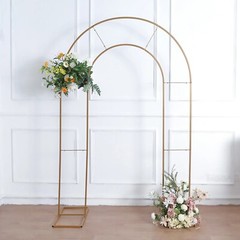 Gold 8 ft Metal Floral Display Frame Round Top Double Arch BACKDROP STAND Party