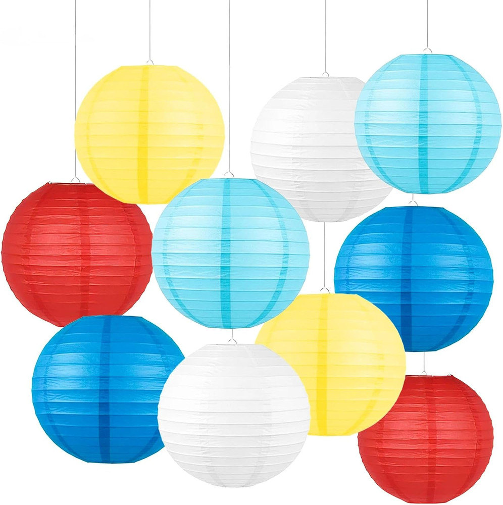Blue, Red,Yellow,White Paper Lanterns Set (10 Pcs)- 8/10 Inch round Hanging Pape