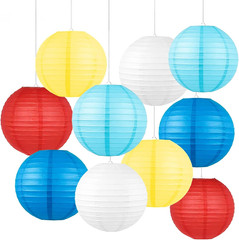Blue, Red,Yellow,White Paper Lanterns Set (10 Pcs)- 8/10 Inch round Hanging Pape