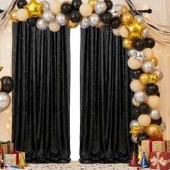 Seamless Black Sequin Curtain Set 2FTx8FT for Wedding and Event Decorations