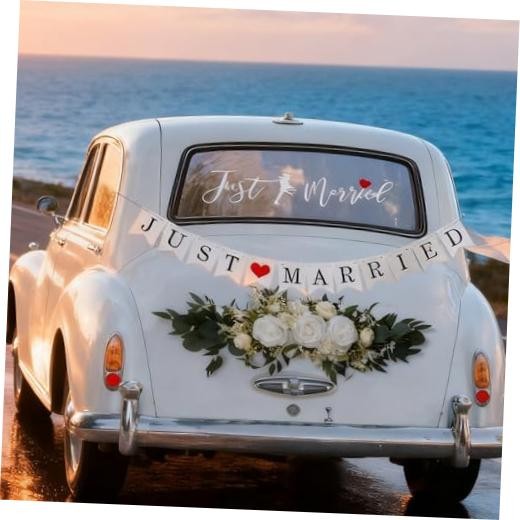Wedding Car Decoration Kit for Rear Window and Trunk, Just Married Banner with