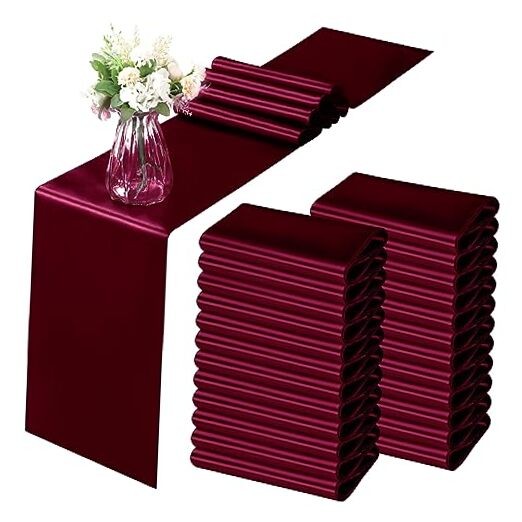 Pack Satin Table Runner 12 x 108 Inch, Smooth Table Runners for 24 Burgundy