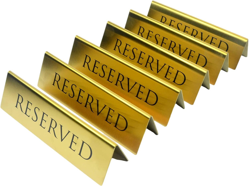 6pc Gold Stainless Steel Reserved Table Signs 6×1.5in Double Sided Tent