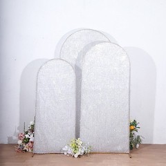 3 SILVER Metallic Tinsel Round Top Arch Polyester STAND COVERS Set Party Events