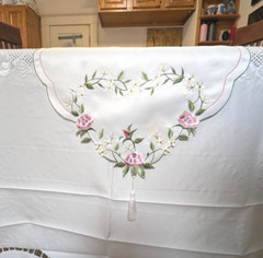 Heart of Roses Table Runner on Ivory, 16″x72″, Embroidered with End Tassels
