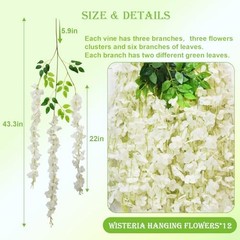 12 PCS Wisteria Hanging Flowers, 3.6ft Fake Wisteria Vines 12 Pack White