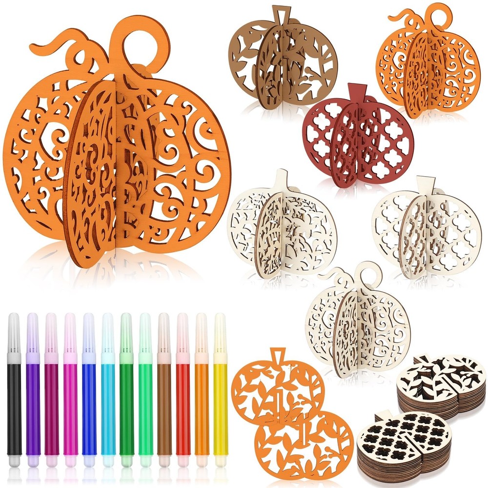 MotiMind 60 Pcs Fall Crafts Set 48 Pcs Wooden Pumpkin to Paint for Thanksgivi…