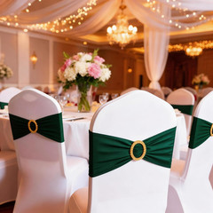 Pack of 100 Spandex Hunter Green Chair Sashes with Gold Buckles, Stretch Chairs