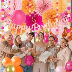 Hot-Pink Orange Birthday Decoration for Women Girl, Fall Peach Hot-pink Orange