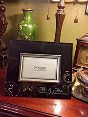 MR & MRS LOVE; BLACK MIRRORED GLASS PHOTO FRAME Ornate SILVER SCRIPT Graphic ART
