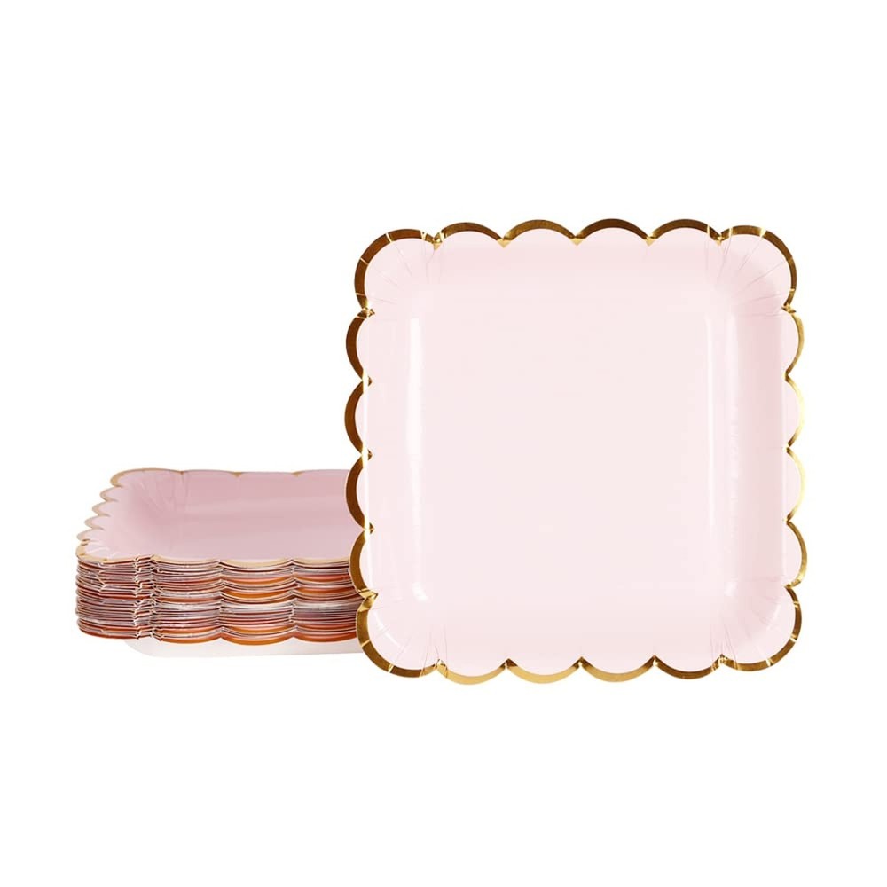 Geeklife Pink Disposable Paper Party Plates Bulk, 7 Inch Metallic Gold Paper …