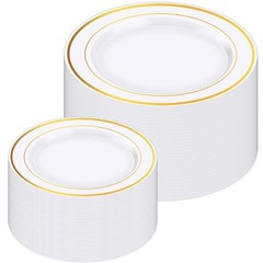Zcaukya 100PCS Gold Plastic Plates, Disposable Plastic Dishes with Gold Rim i…