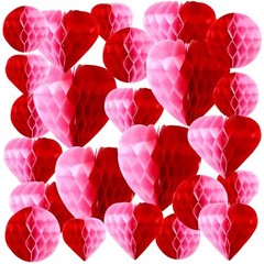 36 Pcs Valentine Heart Honeycomb Decorations Pom Poms Pink Red Combination