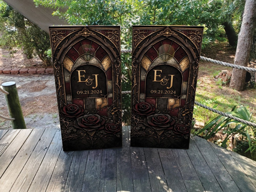 Custom Wedding Cornhole Wraps or Boards – Stained Glass Window Gothic Design