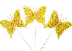 12PC 4″ Yellow + Gold Glitter Feather Butterflies Craft DIY Wedding Cake Topper