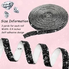 Rhinestone Ribbon Black Rhinestone Strips Self Adhesive, 3 Yards Black