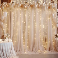 10×10ft Champagne Tulle Backdrop Curtain with Lights String for Parites, Sh