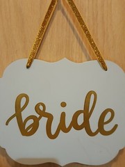 Spritz White Washed w/Metallic Gold “BRIDE” Wood Sign, 12″x 9″