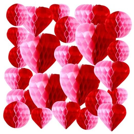 36 Pcs Valentine Heart Honeycomb Decorations Pom Poms Pink Red Combination