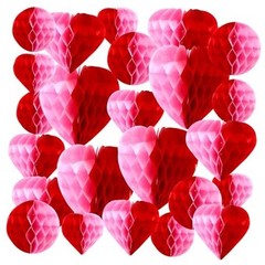 36 Pcs Valentine Heart Honeycomb Decorations Pom Poms Pink Red Combination