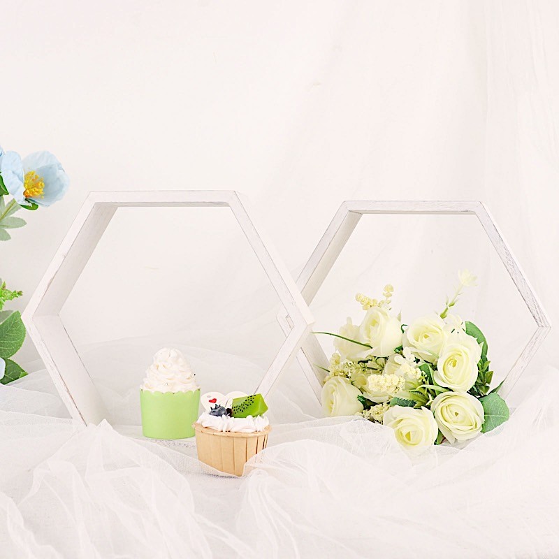 2 WHITE 9″ Hexagon Wood Geometric WALL SHELVES Wedding Party Home Decorations