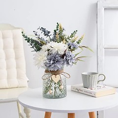 Fake Flowers Artificial Blue Flowers with Vase, Table White and Blue