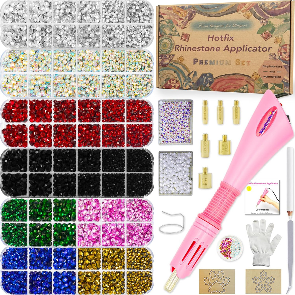 Fabric Rhinestone Setter Kit with 10000 Pieces Glass Rhinestones and Pearls
