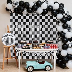 2 Pcs Race Car Curtains, Checkered Black White Foil Streamers Fringe Curtains…