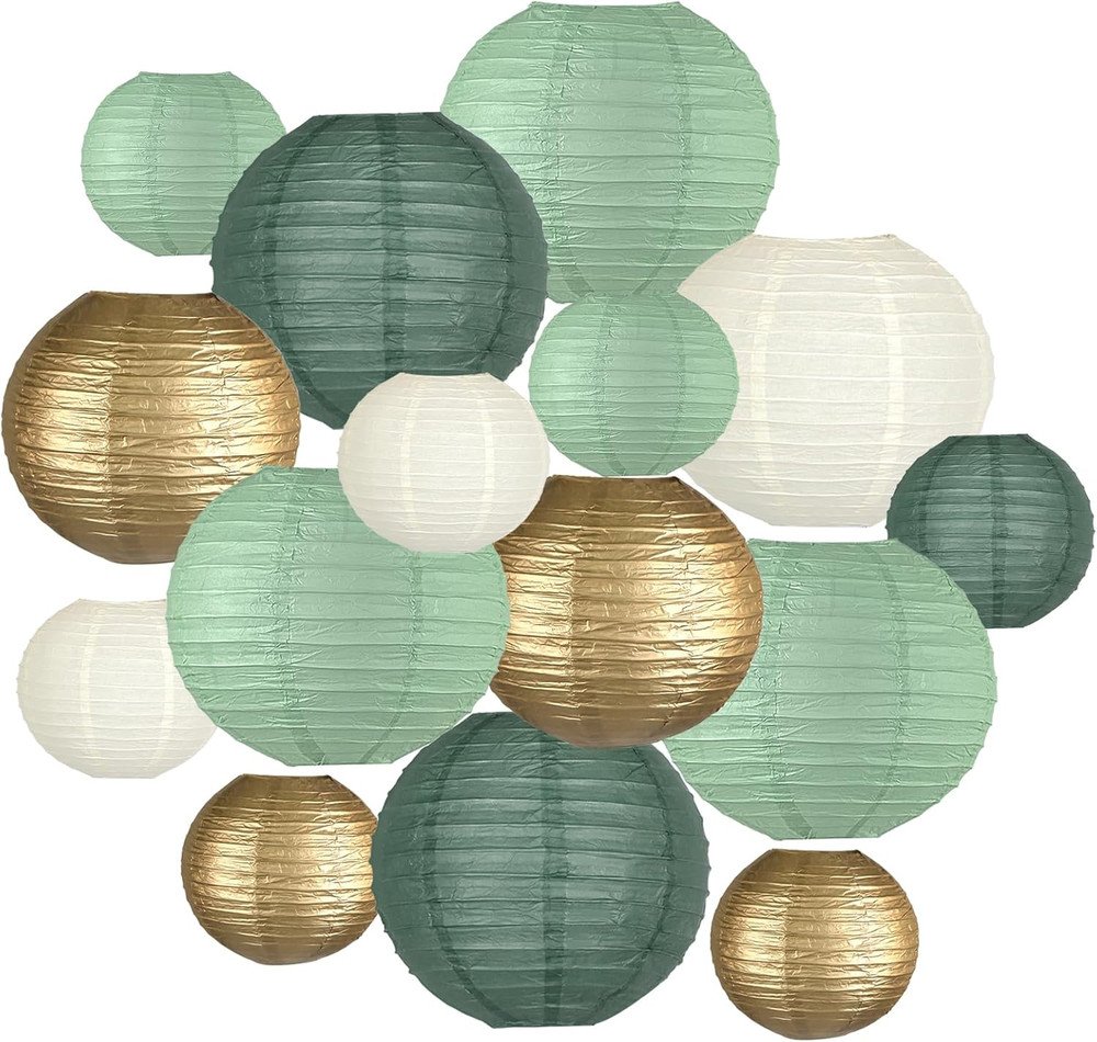 15 Pcs Sage Green Gold Paper Lanterns – Assorted 6/8/10 Inch round Hanging Decor