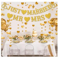 Just Married Banner Gold Glitter Mr & Mrs Wedding Decorations Sign Bridal