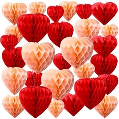 30 Pcs Heart Honeycomb Party Decorations Red Blush Pink Tissue Red,Blush Pink