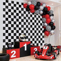 2 Pcs Race Car Curtains, Checkered Black White Foil Streamers Fringe Curtains…