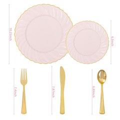 YOUBET 125Piece Pink Plastic Plates with Gold Rim – Scalloped Plastic Plat