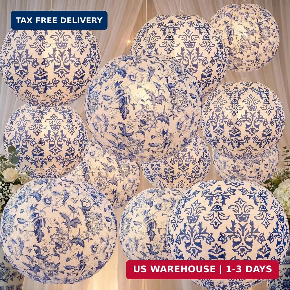 Retisee 12 Pcs Chinoiserie Paper Lantern Set 10 Inches Wedding Blue and White De