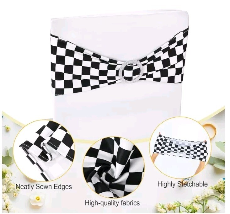 Stretch Chair Sashes With Silver Decor Wedding Party Decoration Checkered #45