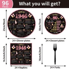 96Pcs 80th Birthday Decorations Women Tableware Set Rose Gold Back in 1946 Pa…