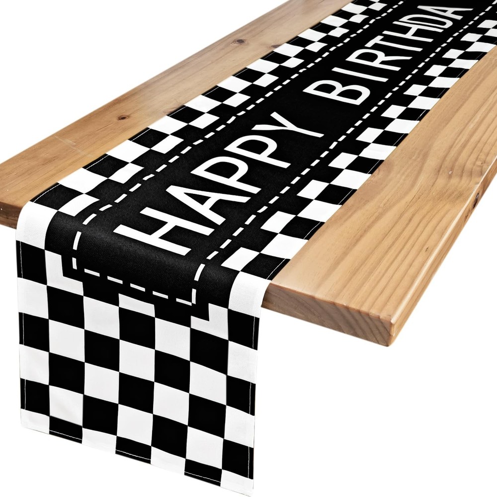 Happy Birthday Table Runner Black and White Checkerboard Birthday Party Decor…