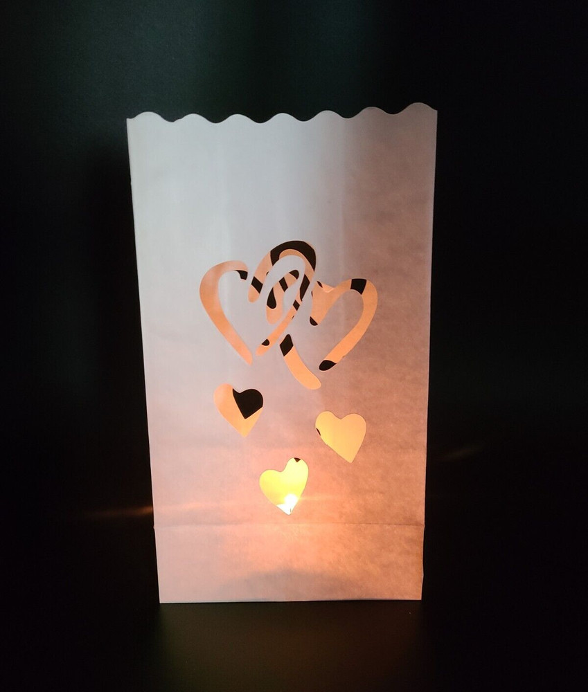 50 Interlocking Heart Luminary Bags-White Wedding Valentine Romance Luminaria