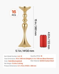 VEVOR 16 PCS Wedding Flower Vase 15in Tall Crystal Table Centerpieces Gold