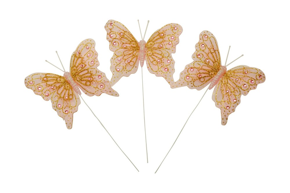 12PC 4″ Blush + Gold Glitter Feather Butterflies Craft DIY Wedding Cake Topper