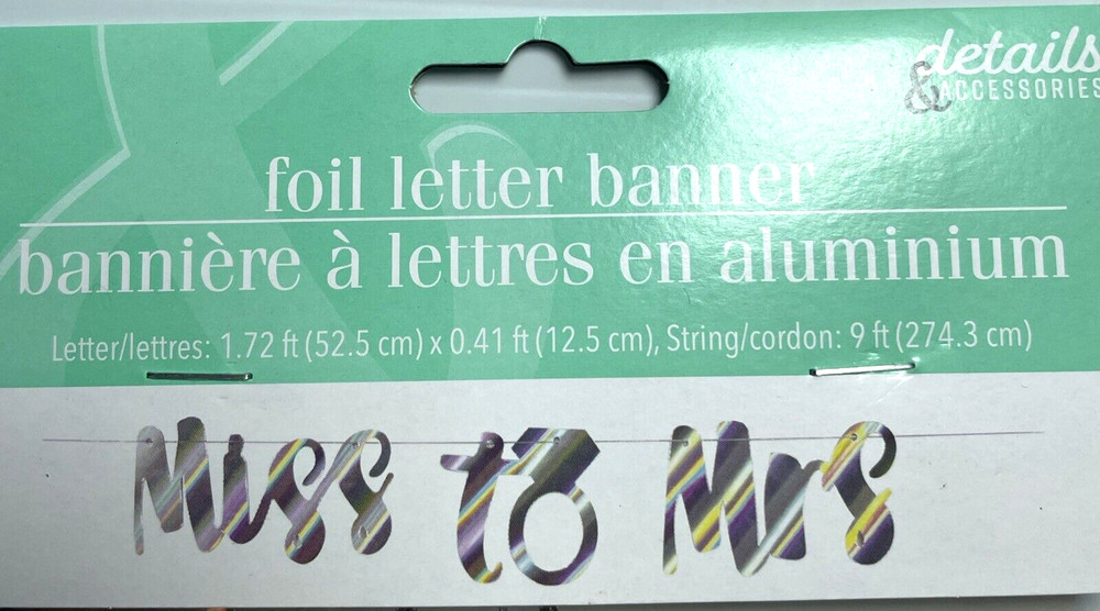 Silver Foil Letter Banner “Miss To Mrs” Bachelorette 1.75″x.41 letters/ 9ft cord