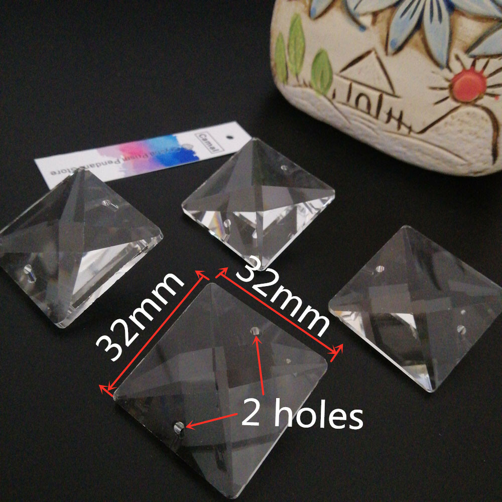 10pcs 32mm Square Crystal Loose Beads 2 Holes Pendant Prisms Lamp Lighting Part