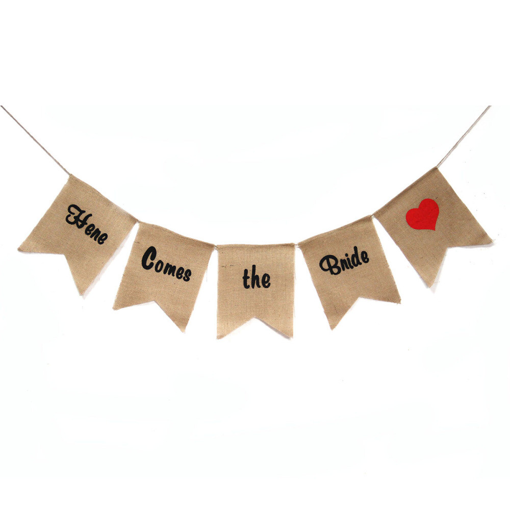 5PCS Here Comes The Bride Burlap Banner Wedding Party Decoration Bunting