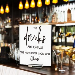 8×10” Funny Bar Sign, The Drinks Are On Us! Cheers! Thick White Acrylic Bar …