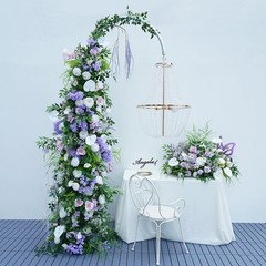 Artificial Floral Arrangement & Drapes Set, Wedding, White Purple, 225cm 85cm